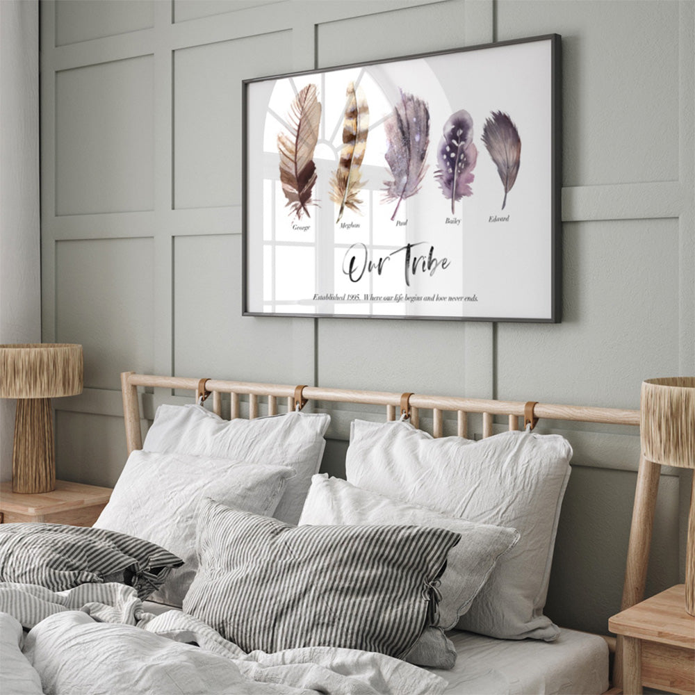 Custom Tribe / Family / Grandchildren Feathers  - Art Print, Poster, Stretched Canvas or Framed Wall Art Prints, shown framed in a room