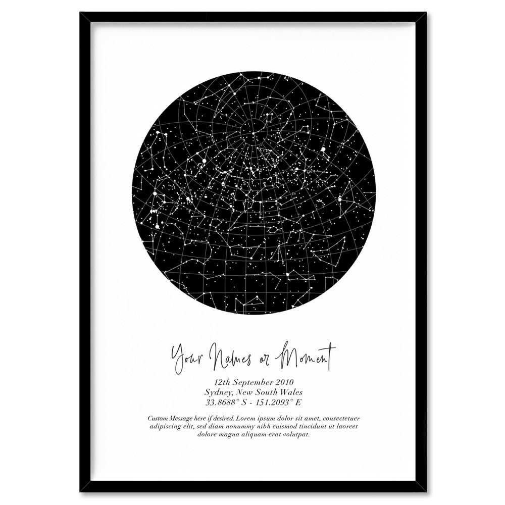 Custom Star Map | Black Circle - Art Print, Poster, Stretched Canvas, or Framed Wall Art Print, shown in a black frame