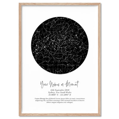 Custom Star Map | Black Circle - Art Print, Poster, Stretched Canvas, or Framed Wall Art Print, shown in a natural timber frame