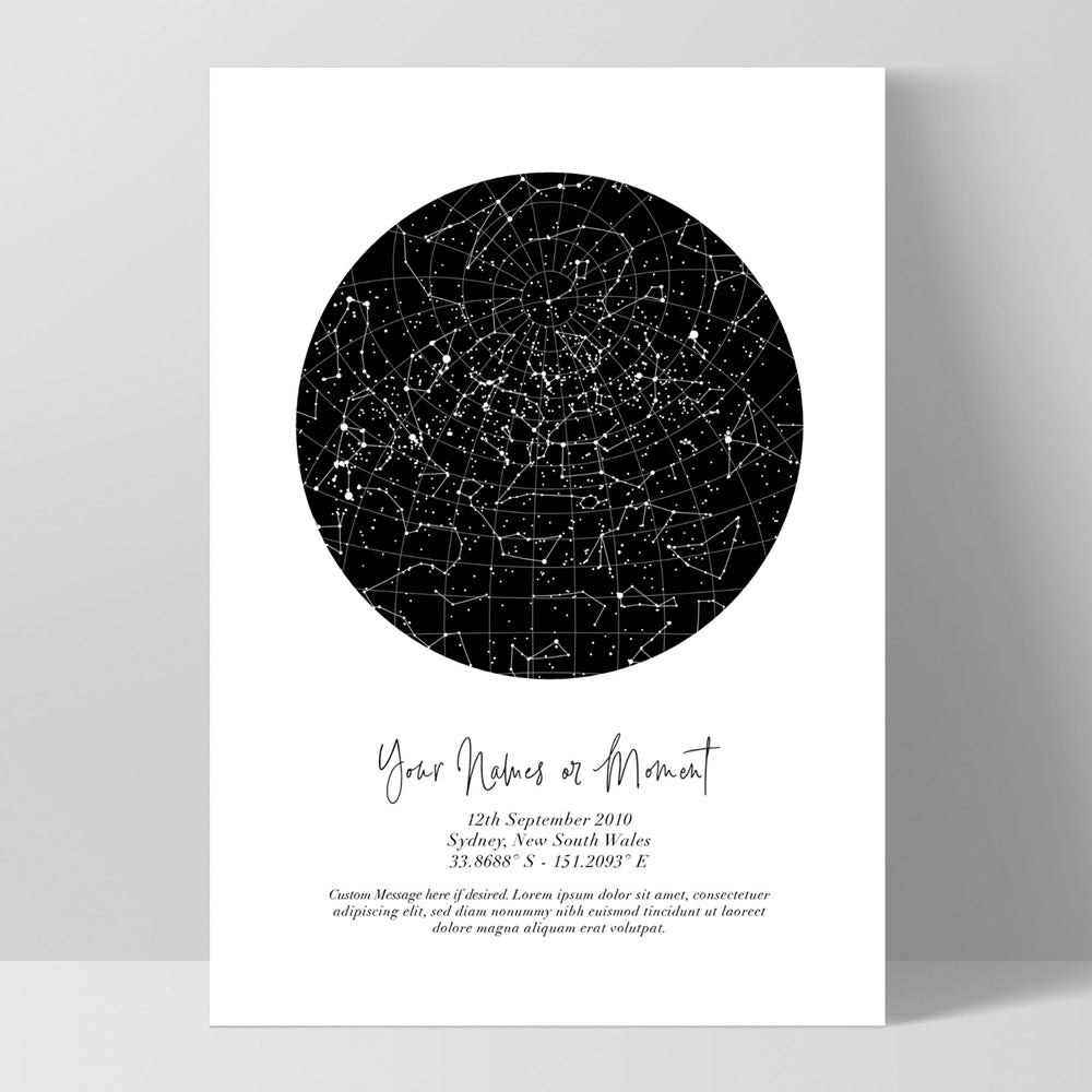 Custom Star Map | Black Circle - Art Print, Poster, Stretched Canvas, or Framed Wall Art Print, shown as a stretched canvas or poster without a frame