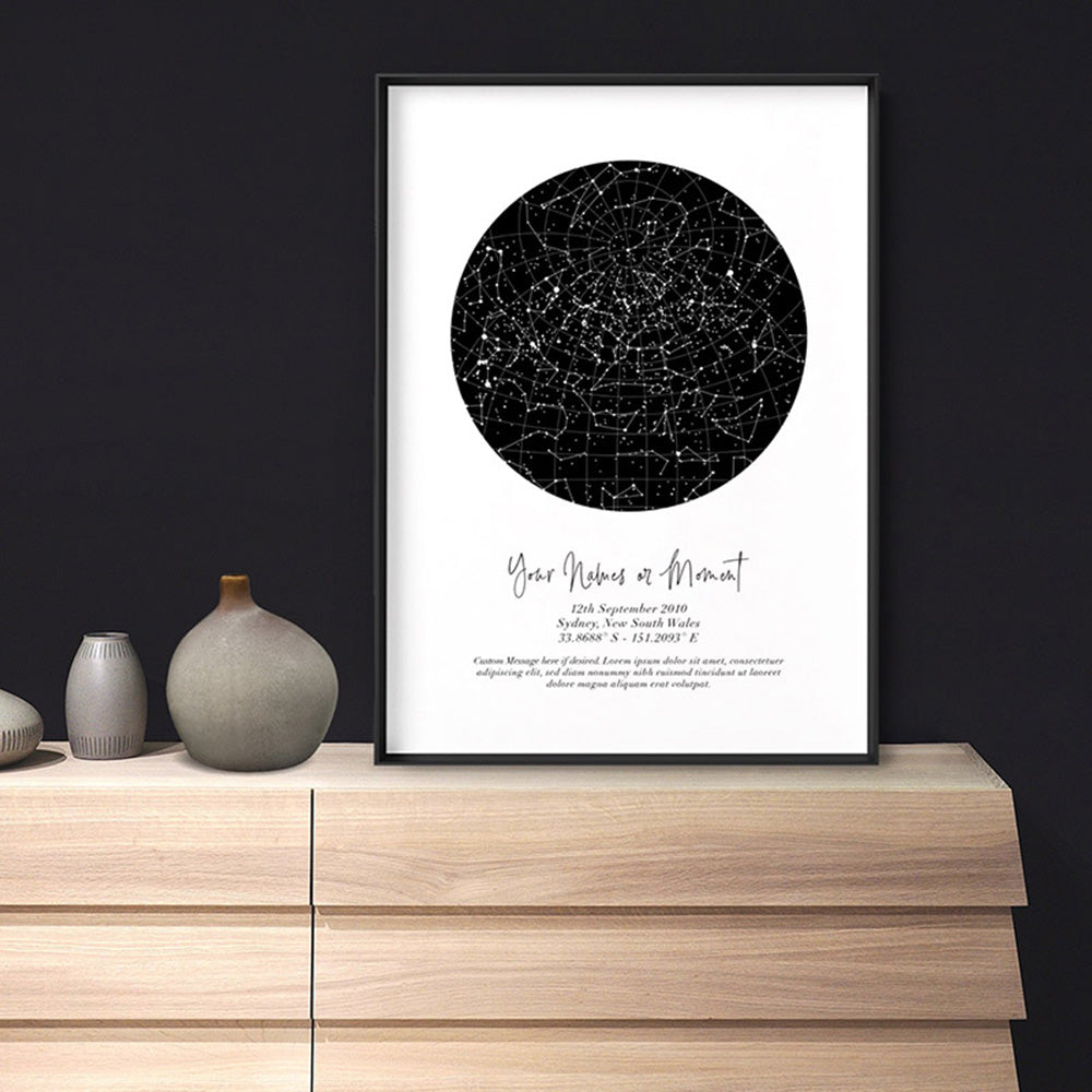 Custom Star Map | Black Circle - Art Print, Poster, Stretched Canvas or Framed Wall Art, shown framed in a home interior space