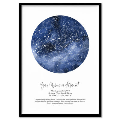 Custom Star Map | Galaxy Watercolour - Art Print, Poster, Stretched Canvas, or Framed Wall Art Print, shown in a black frame
