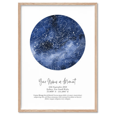 Custom Star Map | Galaxy Watercolour - Art Print, Poster, Stretched Canvas, or Framed Wall Art Print, shown in a natural timber frame