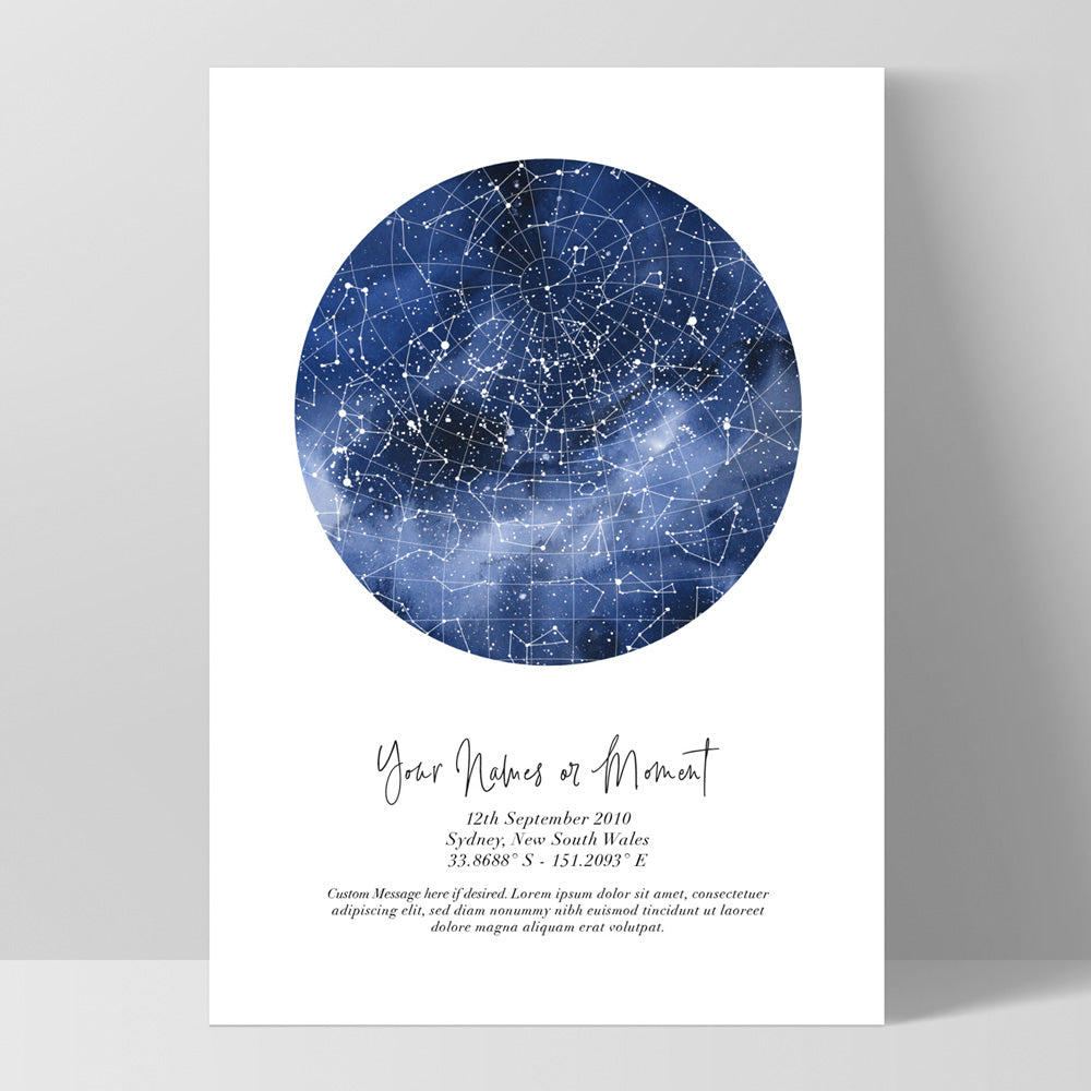 Custom Star Map | Galaxy Watercolour - Art Print, Poster, Stretched Canvas, or Framed Wall Art Print, shown as a stretched canvas or poster without a frame