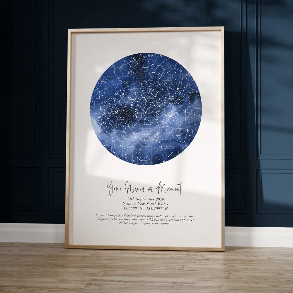 Custom Star Map | Galaxy Watercolour - Art Print, Poster, Stretched Canvas or Framed Wall Art Prints, shown framed in a room