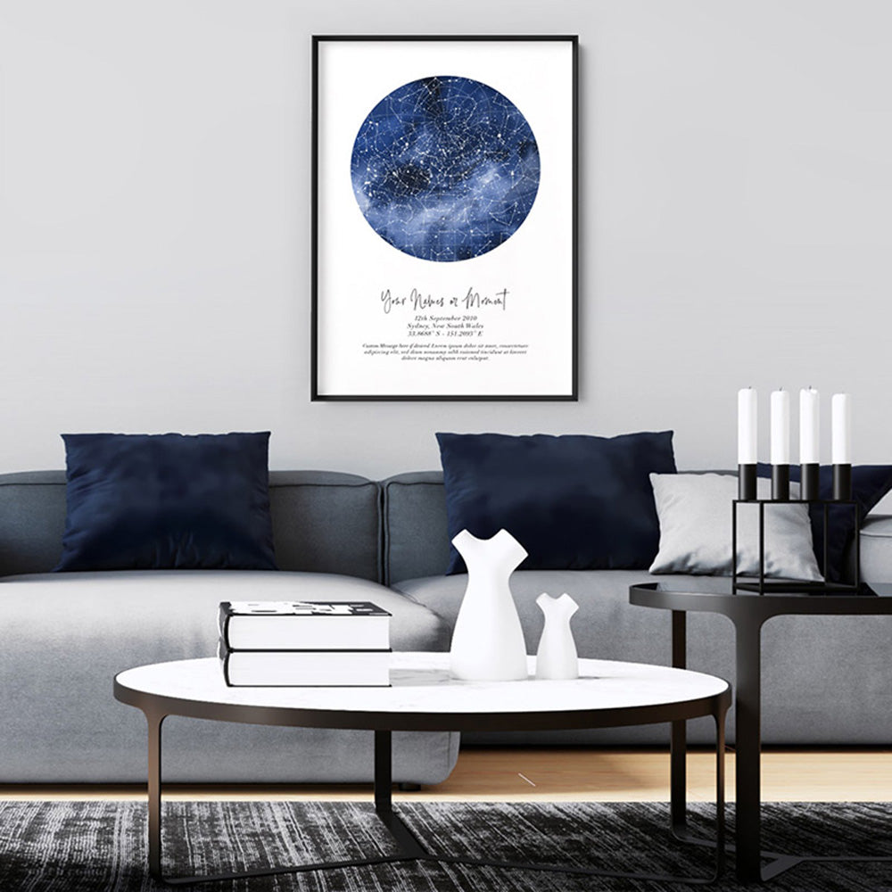 Custom Star Map | Galaxy Watercolour - Art Print, Poster, Stretched Canvas or Framed Wall Art, shown framed in a home interior space