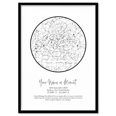 Custom Star Map | White Circle - Art Print, Poster, Stretched Canvas, or Framed Wall Art Print, shown in a black frame