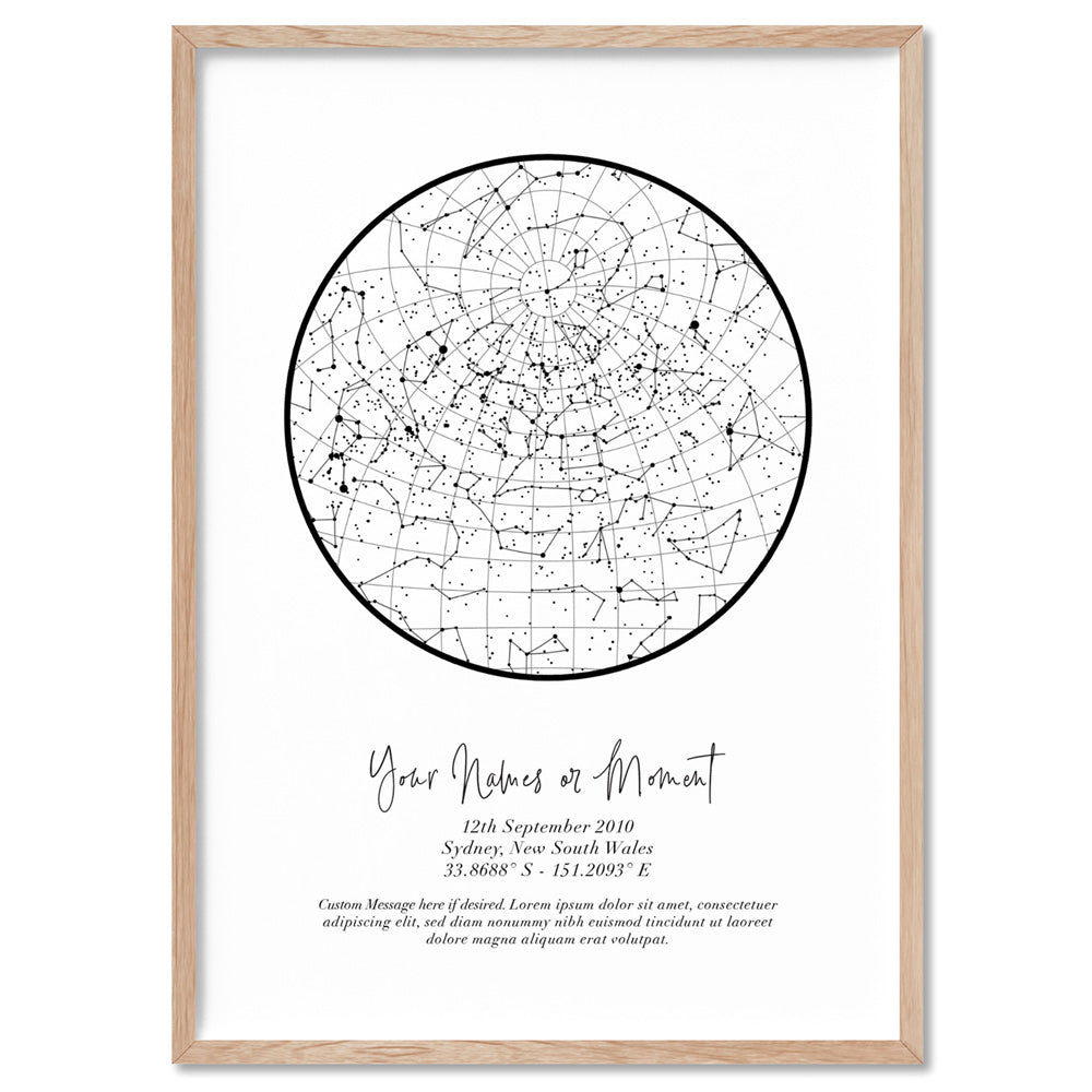 Custom Star Map | White Circle - Art Print, Poster, Stretched Canvas, or Framed Wall Art Print, shown in a natural timber frame