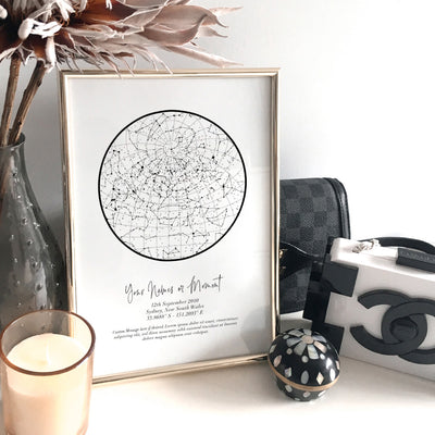 Custom Star Map | White Circle - Art Print, Poster, Stretched Canvas or Framed Wall Art Prints, shown framed in a room