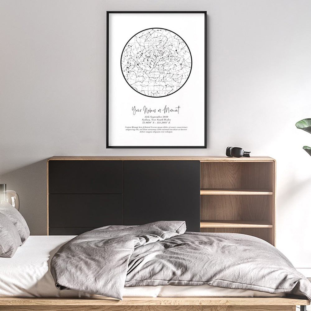 Custom Star Map | White Circle - Art Print, Poster, Stretched Canvas or Framed Wall Art, shown framed in a home interior space