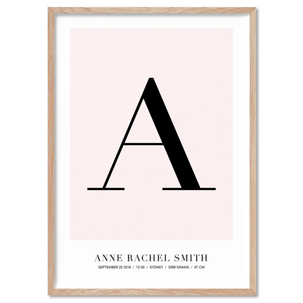 Custom Letter & Name - Art Print, Poster, Stretched Canvas, or Framed Wall Art Print, shown in a natural timber frame