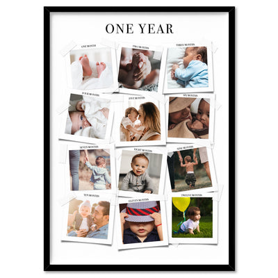 Baby's First Year in Photos - Art Print, Poster, Stretched Canvas, or Framed Wall Art Print, shown in a black frame