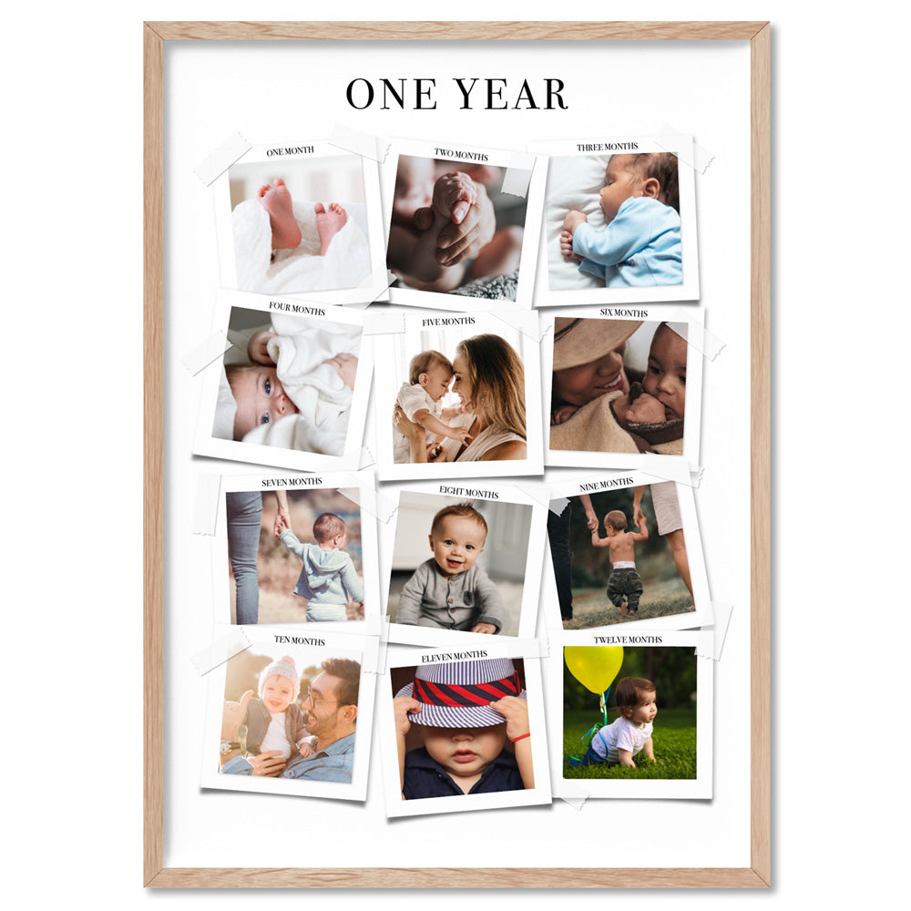 Baby's First Year in Photos - Art Print, Poster, Stretched Canvas, or Framed Wall Art Print, shown in a natural timber frame