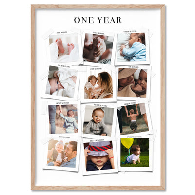Baby's First Year in Photos - Art Print, Poster, Stretched Canvas, or Framed Wall Art Print, shown in a natural timber frame