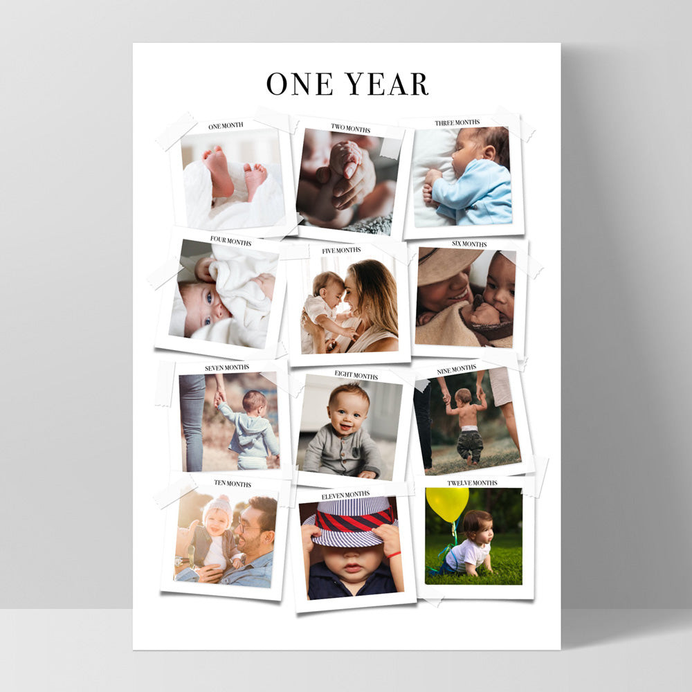 Baby's First Year in Photos - Art Print, Poster, Stretched Canvas, or Framed Wall Art Print, shown as a stretched canvas or poster without a frame