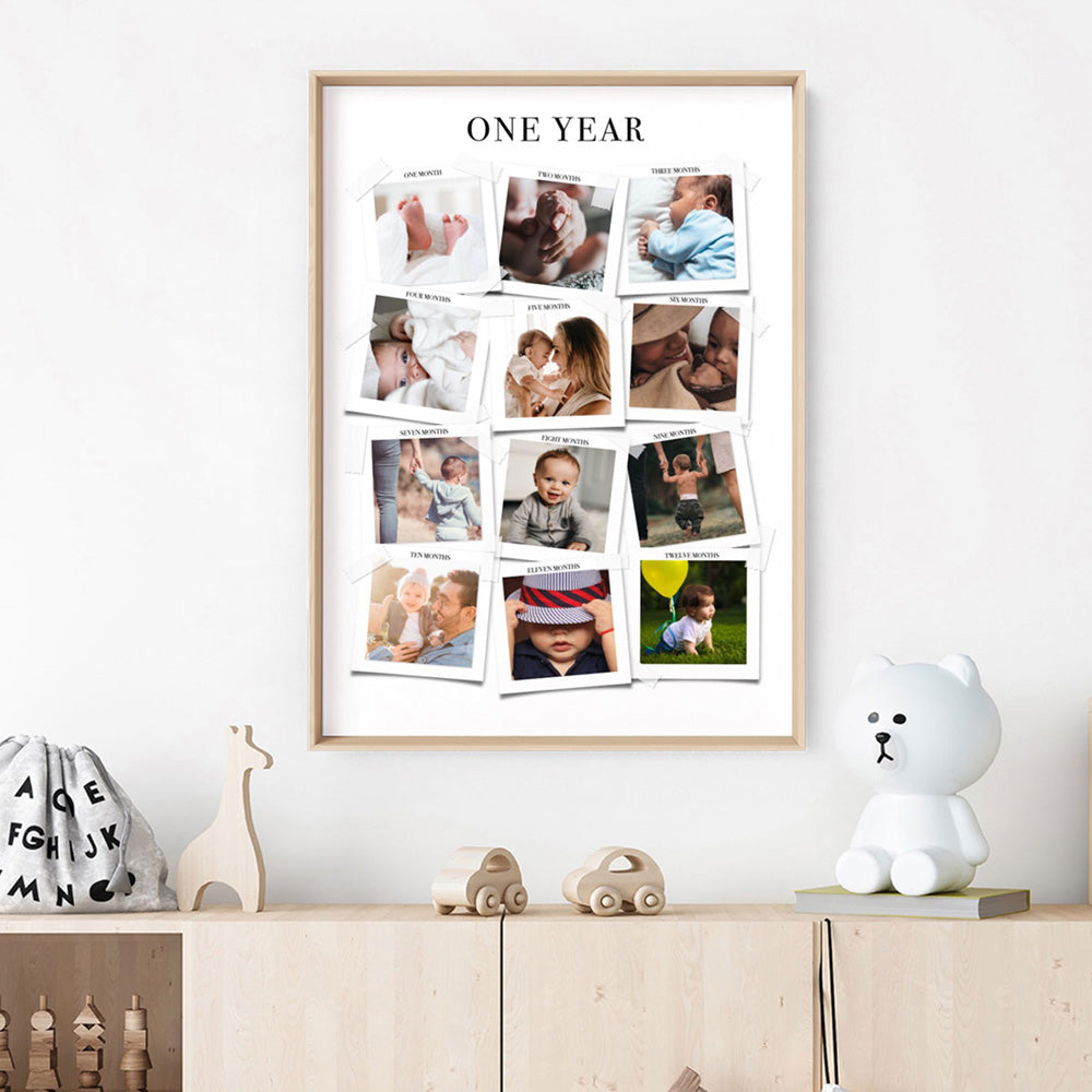 Baby's First Year in Photos - Art Print, Poster, Stretched Canvas or Framed Wall Art, shown framed in a home interior space