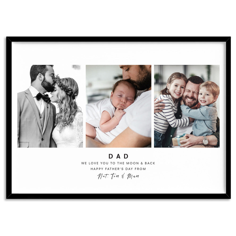 Custom Dad Trio Collage in Landscape - Art Print, Poster, Stretched Canvas, or Framed Wall Art Print, shown in a black frame