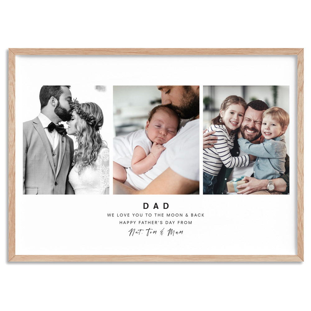 Custom Dad Trio Collage in Landscape - Art Print, Poster, Stretched Canvas, or Framed Wall Art Print, shown in a natural timber frame