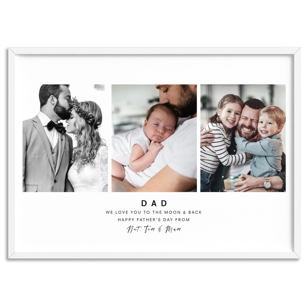 Custom Dad Trio Collage in Landscape - Art Print, Poster, Stretched Canvas, or Framed Wall Art Print, shown in a white frame