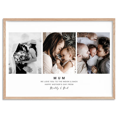 Custom Mum Trio Collage in Landscape - Art Print, Poster, Stretched Canvas, or Framed Wall Art Print, shown in a natural timber frame