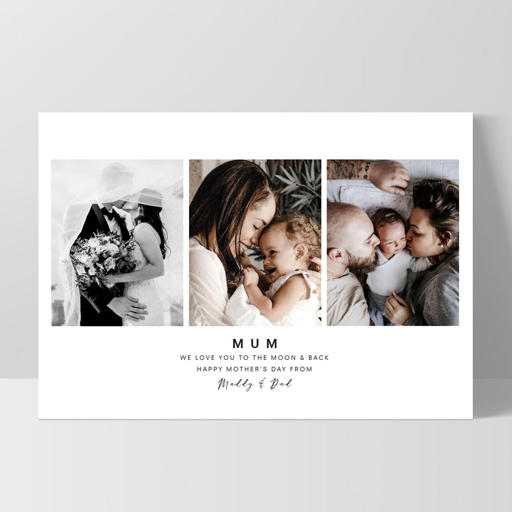 Custom Mum Trio Collage in Landscape - Art Print, Poster, Stretched Canvas, or Framed Wall Art Print, shown as a stretched canvas or poster without a frame