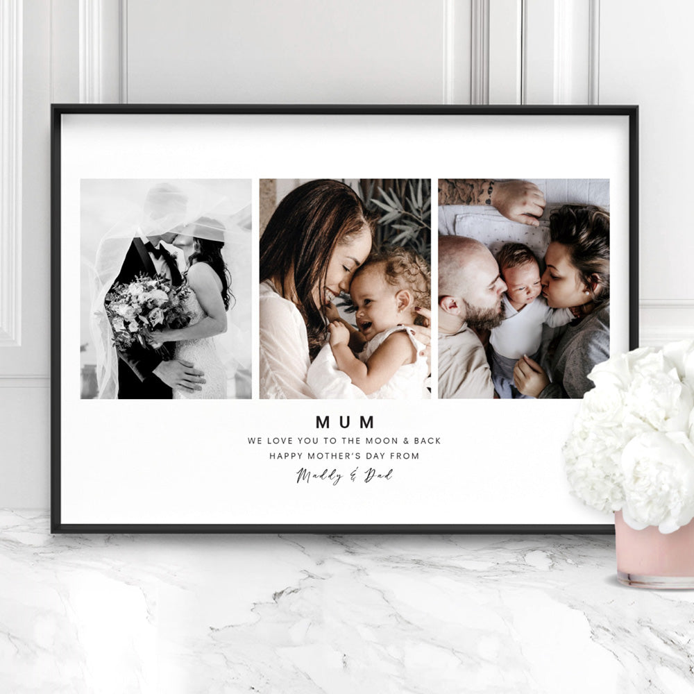 Custom Mum Trio Collage in Landscape - Art Print, Poster, Stretched Canvas or Framed Wall Art Prints, shown framed in a room