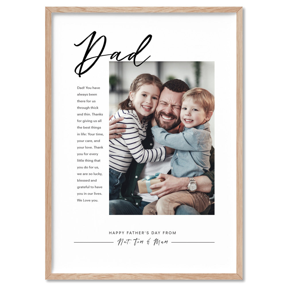 Custom Best Dad Ever in Portrait - Art Print, Poster, Stretched Canvas, or Framed Wall Art Print, shown in a natural timber frame