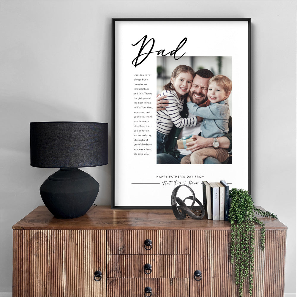 Custom Best Dad Ever in Portrait - Art Print, Poster, Stretched Canvas or Framed Wall Art, shown framed in a home interior space