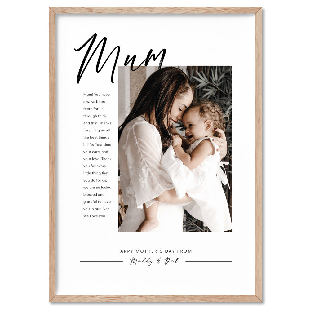 Custom Best Mum Ever in Portrait - Art Print, Poster, Stretched Canvas, or Framed Wall Art Print, shown in a natural timber frame
