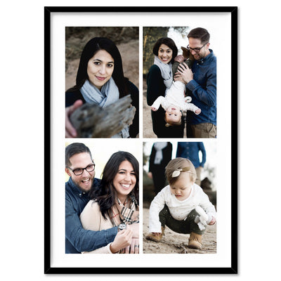 Custom Family Photos | Four Grid Collage - Art Print, Poster, Stretched Canvas, or Framed Wall Art Print, shown in a black frame