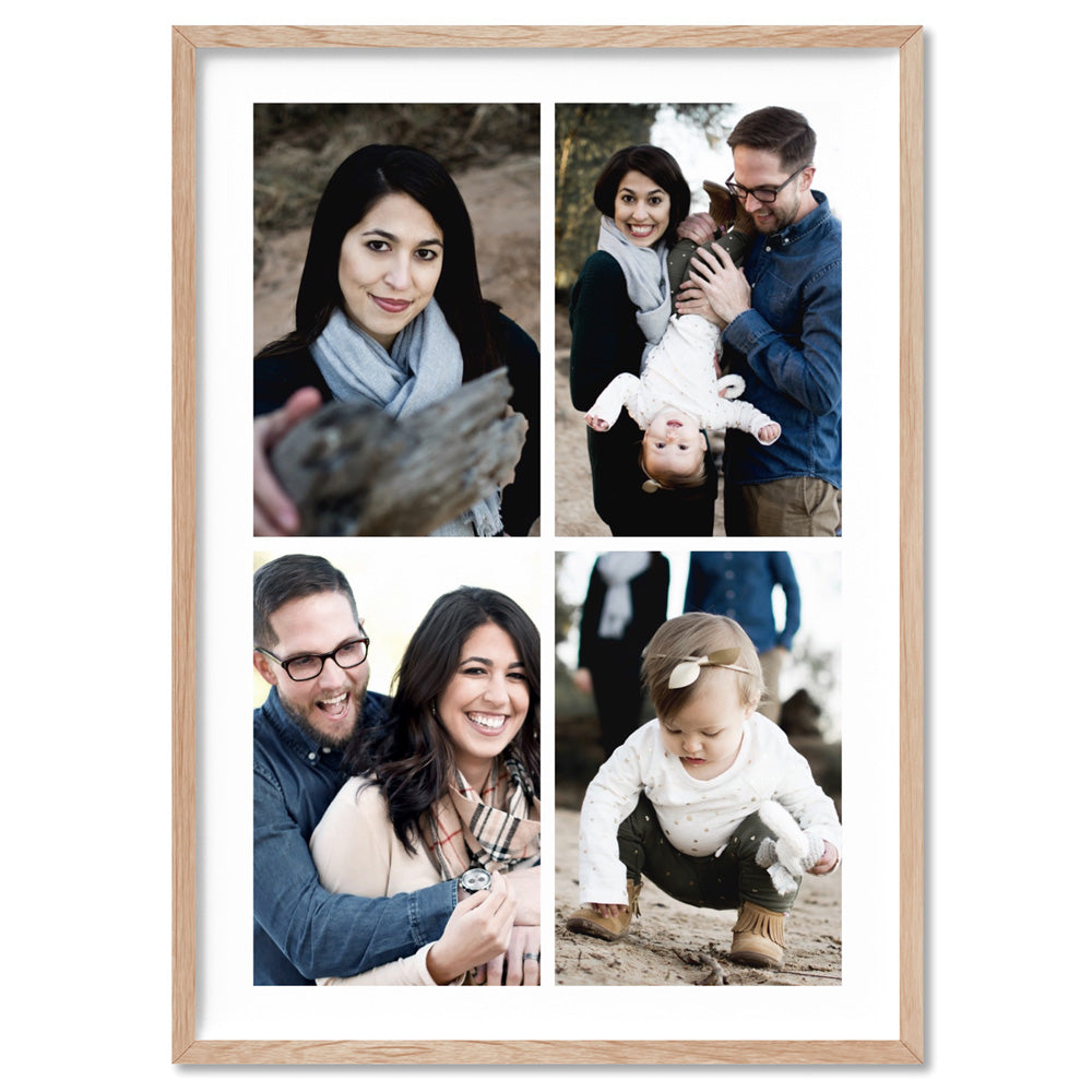 Custom Family Photos | Four Grid Collage - Art Print, Poster, Stretched Canvas, or Framed Wall Art Print, shown in a natural timber frame