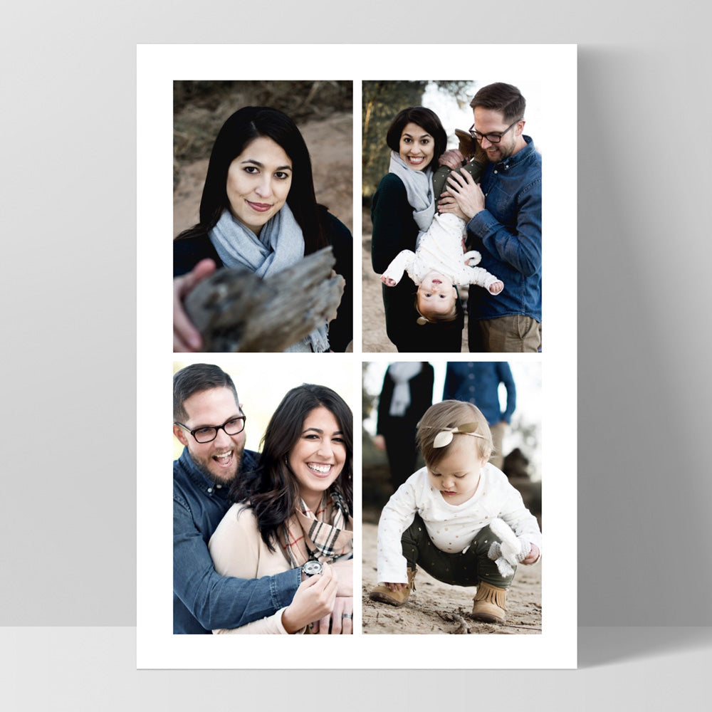 Custom Family Photos | Four Grid Collage - Art Print, Poster, Stretched Canvas, or Framed Wall Art Print, shown as a stretched canvas or poster without a frame
