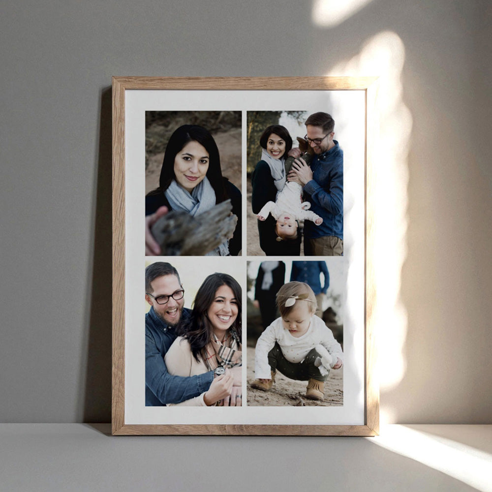 Custom Family Photos | Four Grid Collage - Art Print, Poster, Stretched Canvas or Framed Wall Art Prints, shown framed in a room