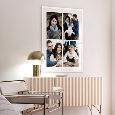 Custom Family Photos | Four Grid Collage - Art Print, Poster, Stretched Canvas or Framed Wall Art, shown framed in a home interior space