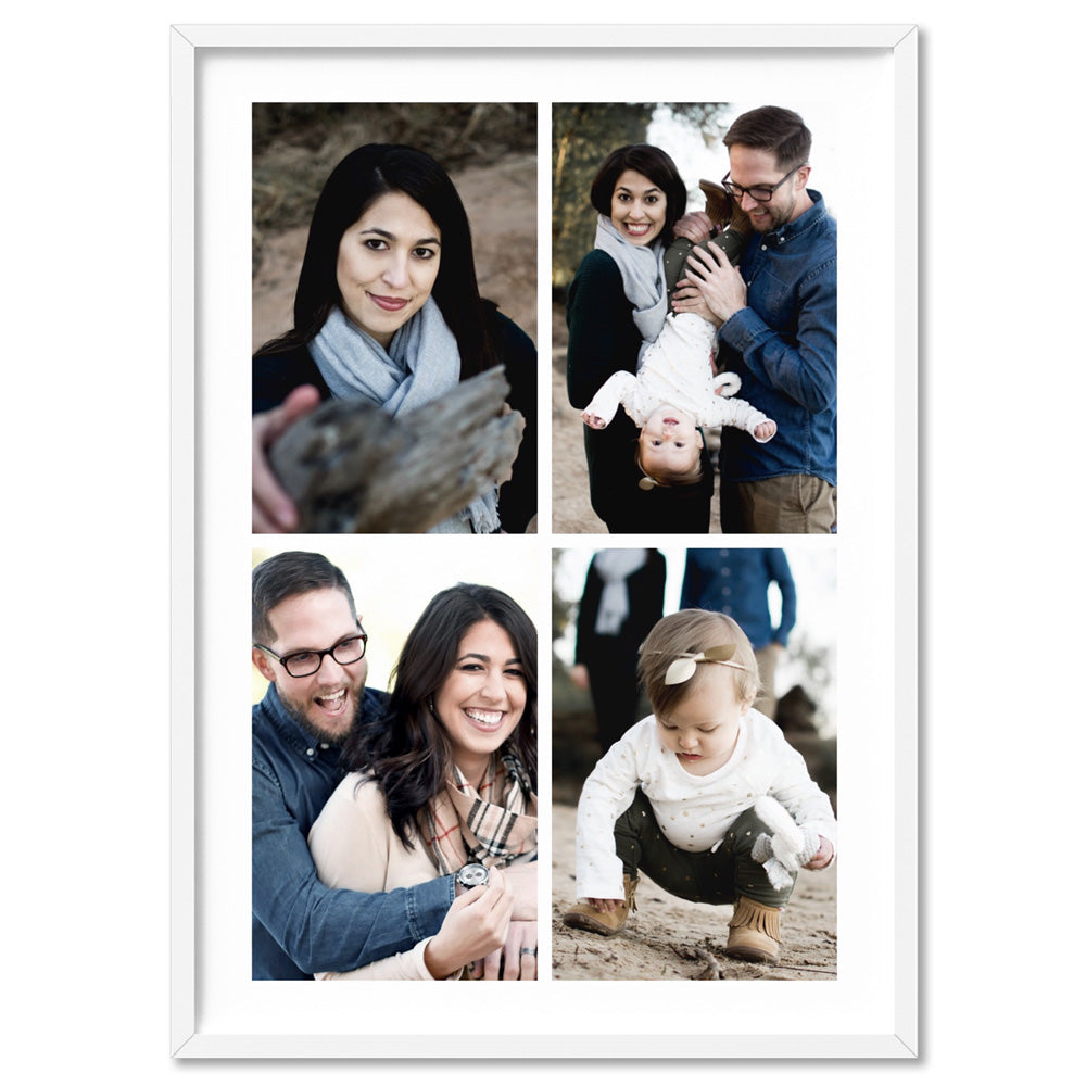 Custom Family Photos | Four Grid Collage - Art Print, Poster, Stretched Canvas, or Framed Wall Art Print, shown in a white frame