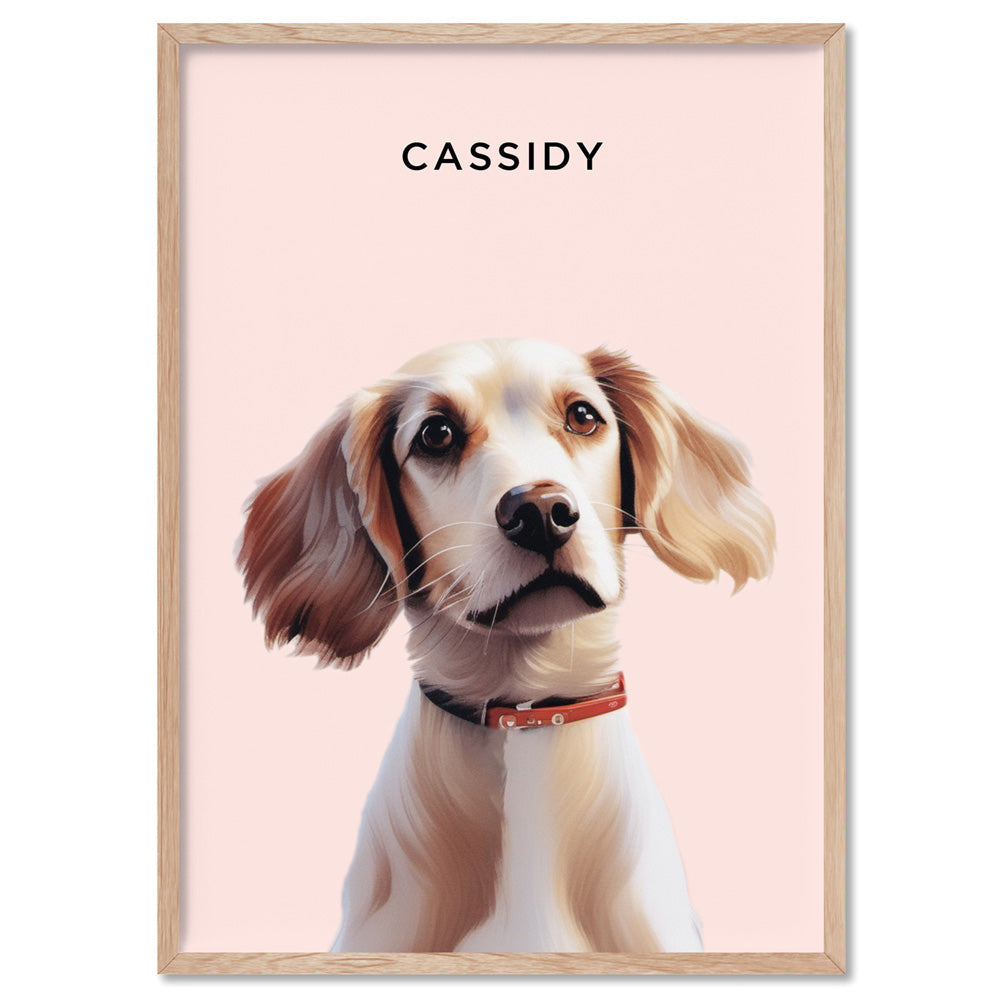 Custom Dog Portrait | Illustration - Art Print, Poster, Stretched Canvas, or Framed Wall Art Print, shown in a natural timber frame