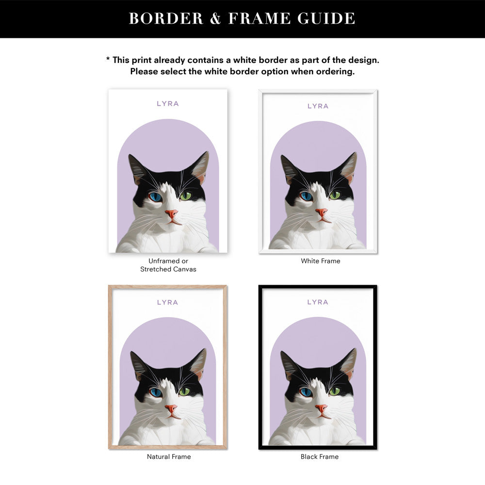 Custom Cat Portrait | Arch Illustration - Art Print, Poster, Stretched Canvas or Framed Wall Art, Showing White , Black, Natural Frame Colours, No Frame (Unframed) or Stretched Canvas, and With or Without White Borders