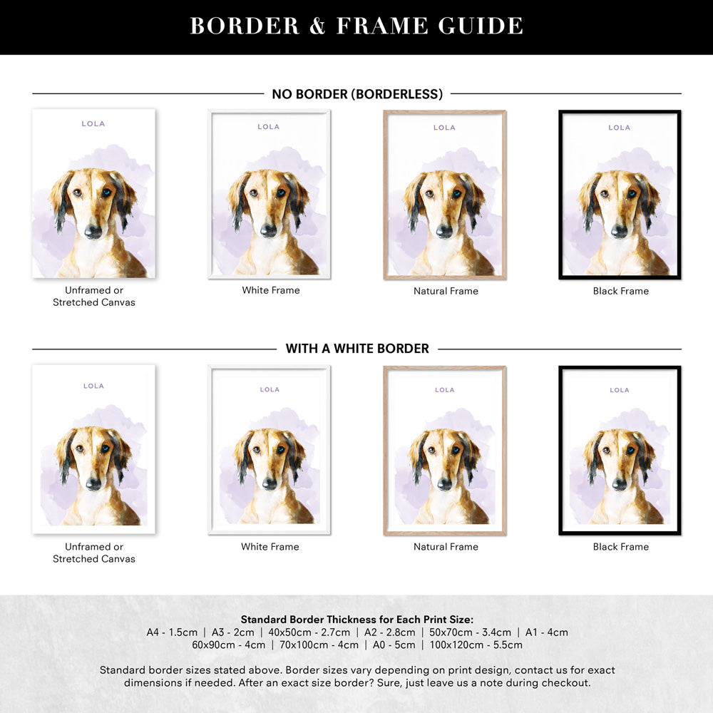 Custom Dog Portrait | Watercolour - Art Print, Poster, Stretched Canvas or Framed Wall Art, Showing White , Black, Natural Frame Colours, No Frame (Unframed) or Stretched Canvas, and With or Without White Borders