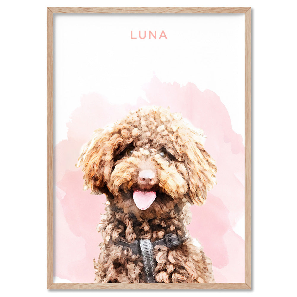 Custom Dog Portrait | Watercolour - Art Print, Poster, Stretched Canvas, or Framed Wall Art Print, shown in a natural timber frame