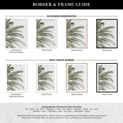 Palm fronds catching the sun - Art Print, Poster, Stretched Canvas or Framed Wall Art, Showing White , Black, Natural Frame Colours, No Frame (Unframed) or Stretched Canvas, and With or Without White Borders