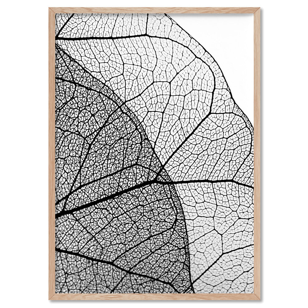 Leafy Veins in Monochrome - Art Print, Poster, Stretched Canvas, or Framed Wall Art Print, shown in a natural timber frame