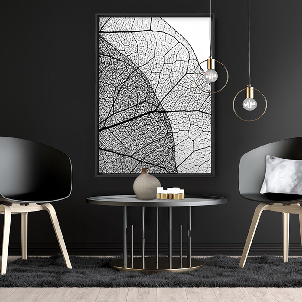 Leafy Veins in Monochrome - Art Print, Poster, Stretched Canvas or Framed Wall Art Prints, shown framed in a room