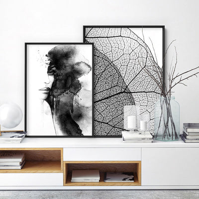 Leafy Veins in Monochrome - Art Print, Poster, Stretched Canvas or Framed Wall Art, shown framed in a home interior space