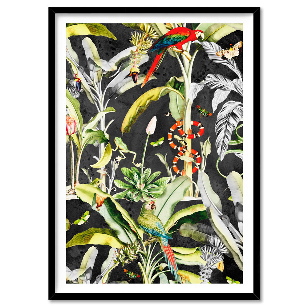Rainforest Tropics Illustration - Art Print, Poster, Stretched Canvas, or Framed Wall Art Print, shown in a black frame