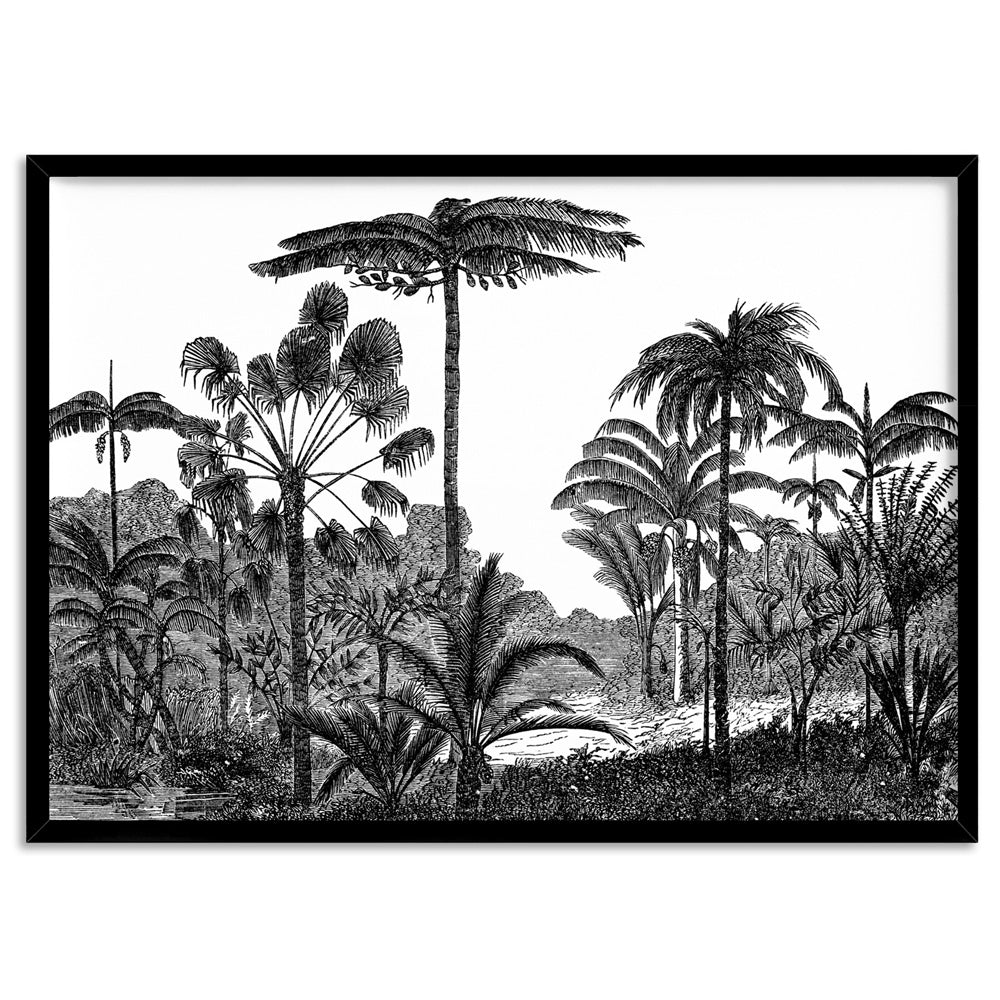Rainforest Vintage Botanical Illustration I - Art Print, Poster, Stretched Canvas, or Framed Wall Art Print, shown in a black frame