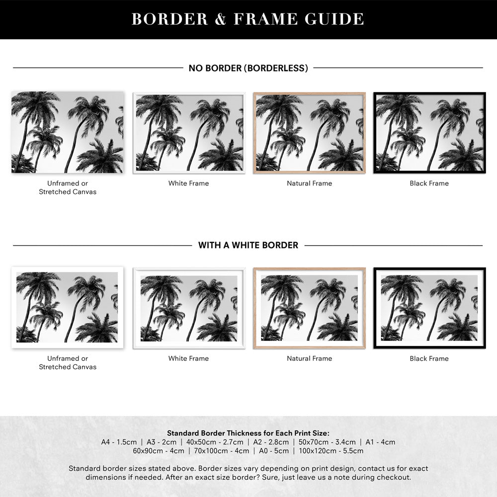 Palms in the Wind Monochrome - Art Print, Poster, Stretched Canvas or Framed Wall Art, Showing White , Black, Natural Frame Colours, No Frame (Unframed) or Stretched Canvas, and With or Without White Borders