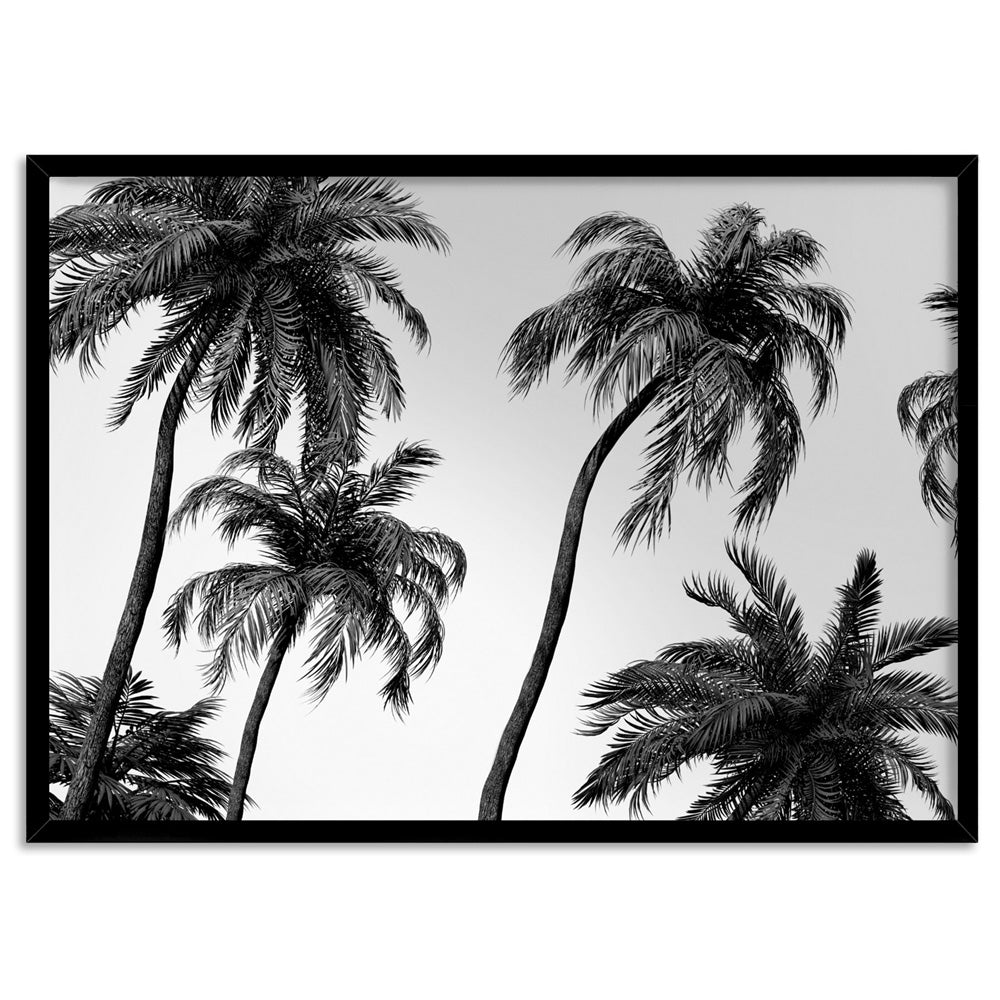 Palms in the Wind Monochrome - Art Print, Poster, Stretched Canvas, or Framed Wall Art Print, shown in a black frame