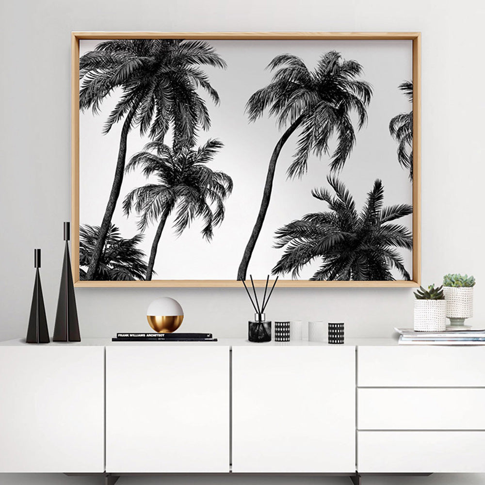 Palms in the Wind Monochrome - Art Print, Poster, Stretched Canvas or Framed Wall Art, shown framed in a home interior space