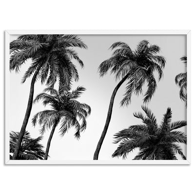 Palms in the Wind Monochrome - Art Print, Poster, Stretched Canvas, or Framed Wall Art Print, shown in a white frame