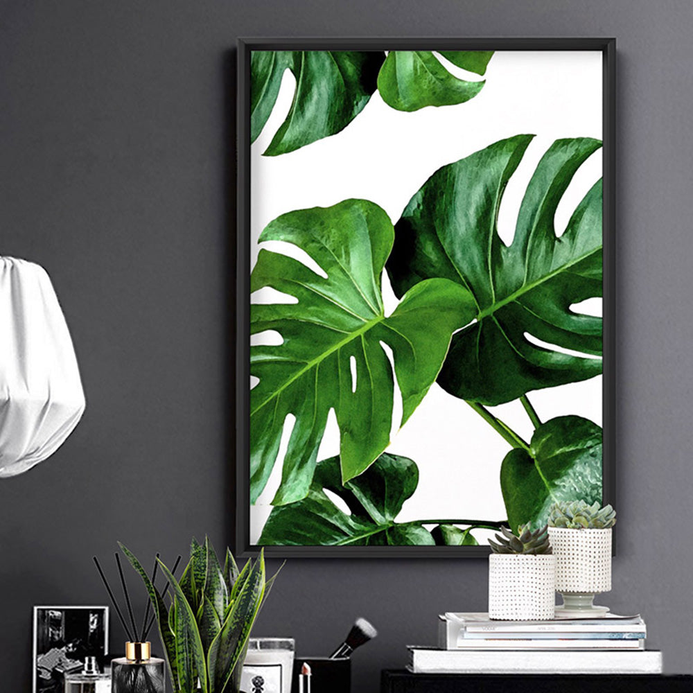 Monstera Leaves - Art Print, Poster, Stretched Canvas or Framed Wall Art Prints, shown framed in a room